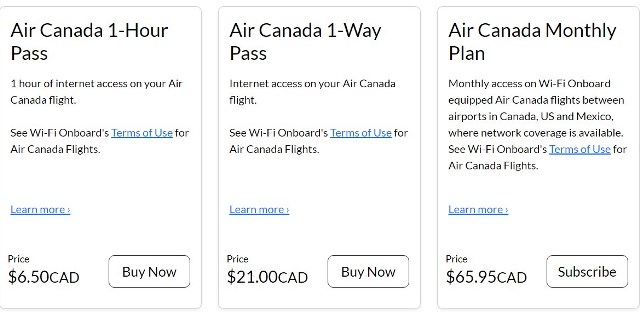 Air Canada WiFi Packages